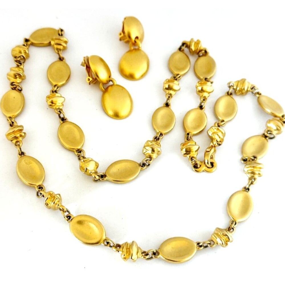 Vintage Matte Gold Statement Necklace Earrings Clip-On 80s Runway Maximalist
